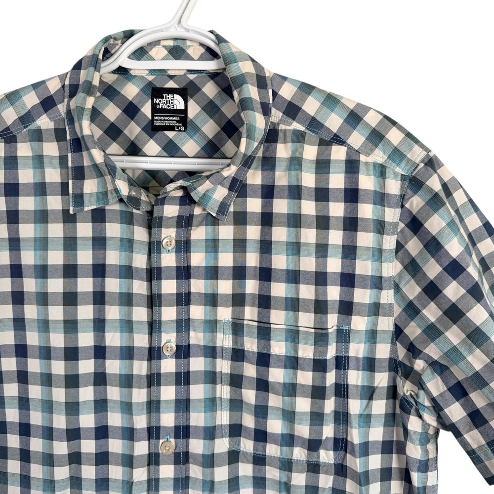 The North Face Button Down Shirt Mens Large Blue Plaid Short Sleeve Nylon Hiking